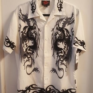 Men's white button up shirt with black design Sml